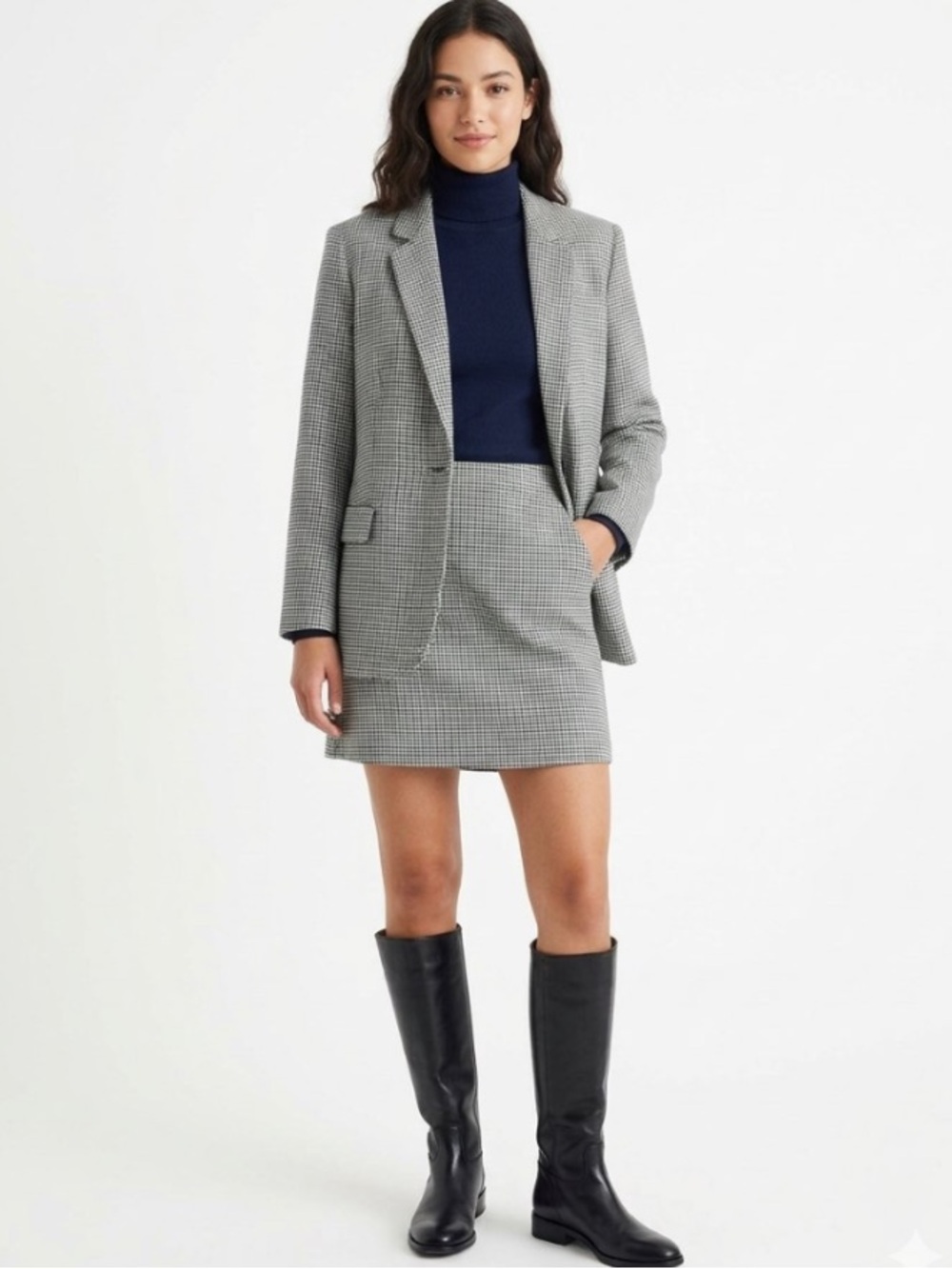 Madewell Kline Italian Wool Navy Black Houndstooth Plaid Blazer Preppy Like New